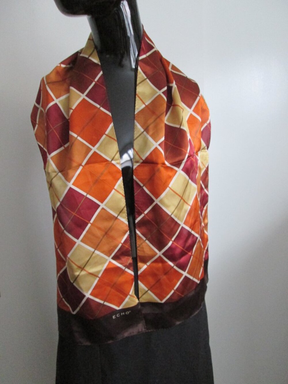 Vintage ECHO 100% silk multicolor brown check scarf
